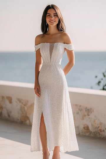 Off The Shoulder Ivory A Line Wedding Dress with Slit